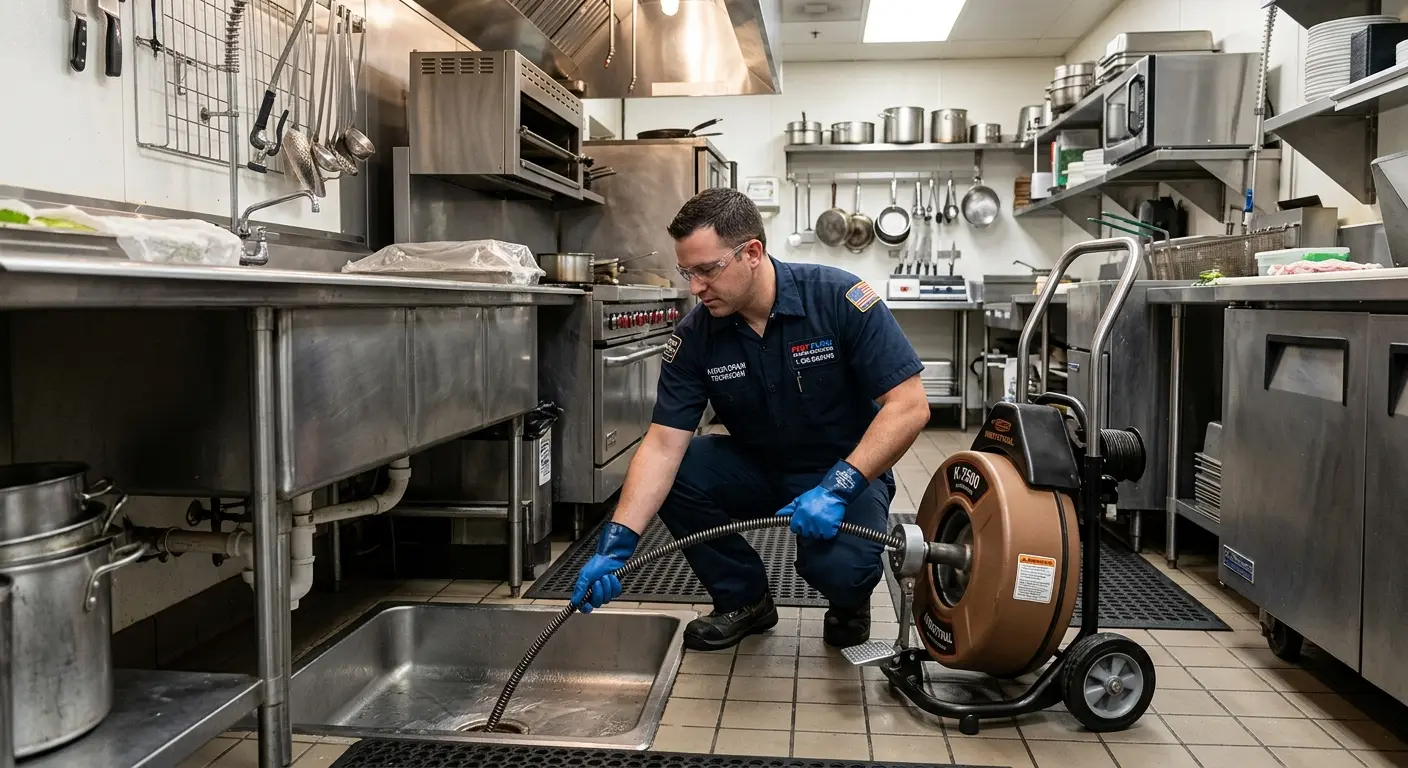 Commercial drain cleaning service in a restaurant kitchen in Thomaston