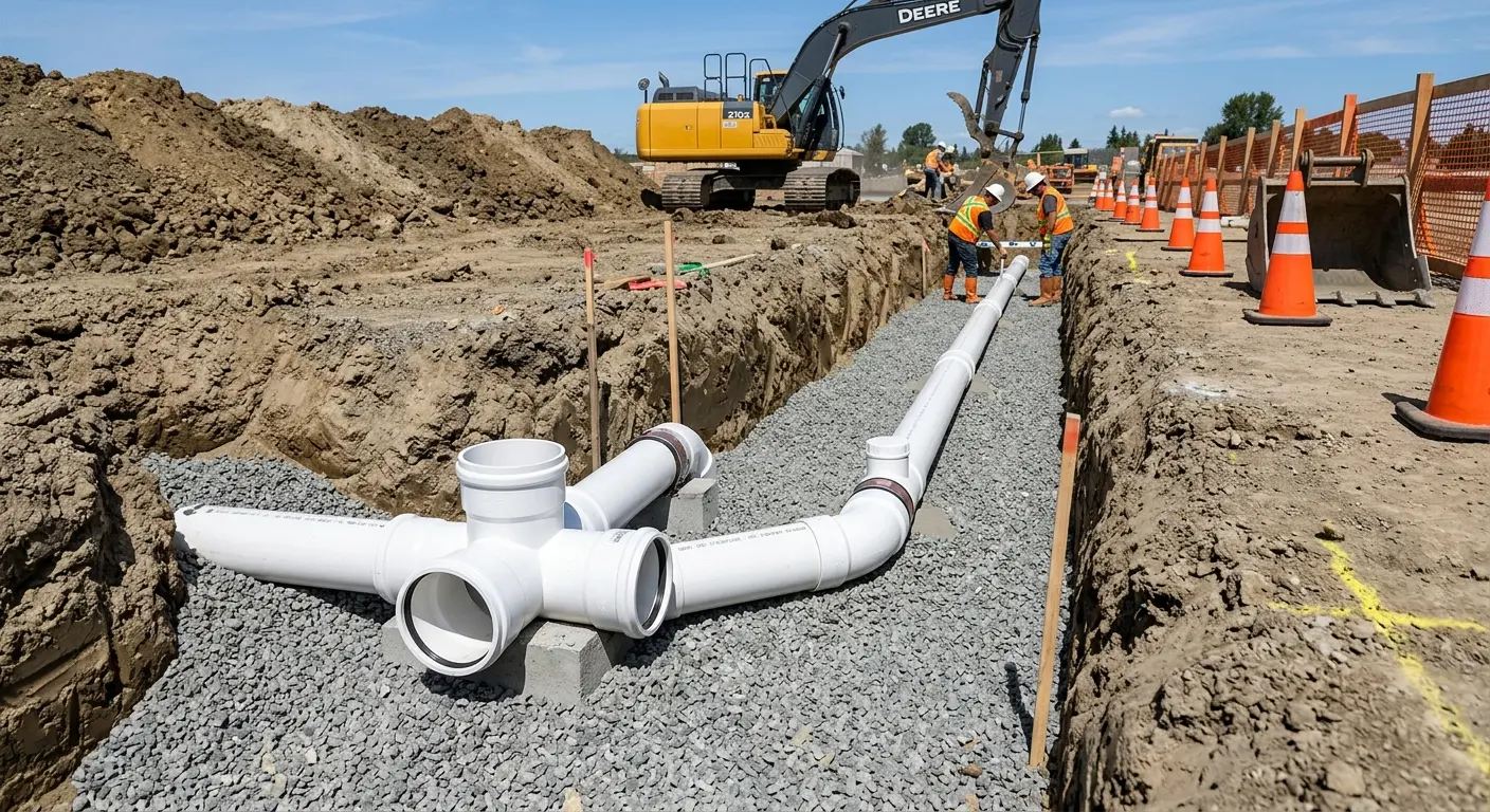 New PVC sewer pipe installation in open trench for Sewer Backup in Thomaston