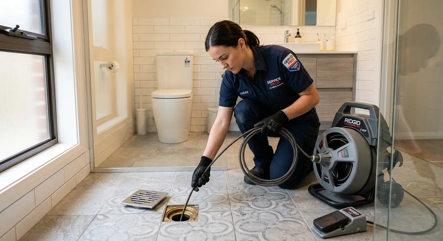 Technician clearing a bathroom floor drain for Drain Cleaning in Thomaston